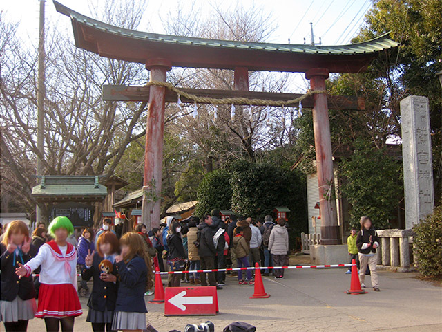 鷲宮神社 鳥居と参拝客。